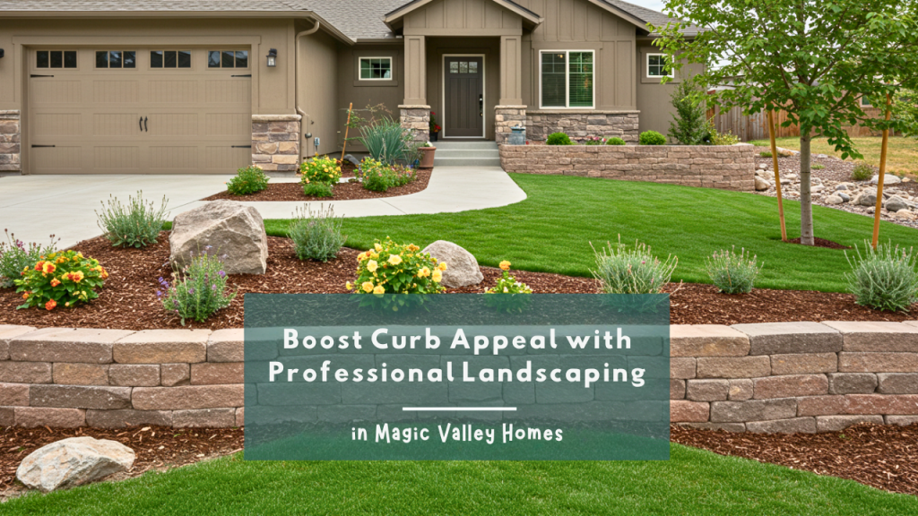 Front yard with stone retaining walls and green lawn showcasing professional landscaping in Magic Valley.