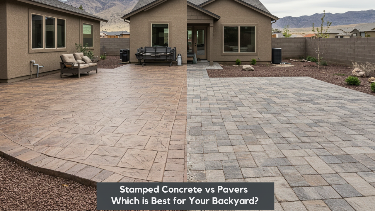 Side-by-side outdoor patio showing stamped concrete vs pavers for Idaho backyards.