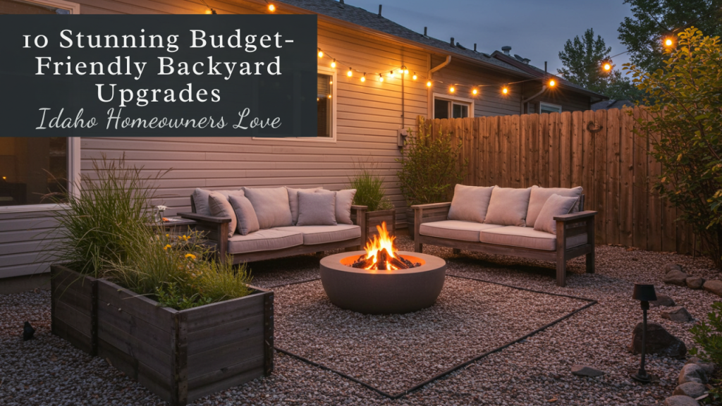 A cozy backyard setup in Idaho featuring budget-friendly backyard upgrades like string lights, planters, and a fire pit.
