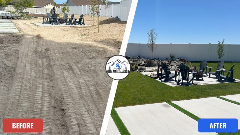 Before and after image illustrating a dramatic backyard transformation with new lawn, concrete pavers, and a built-in fire pit area. The visual proof helps answer the question, "Do outdoor improvements increase home value?" The 'Before' shows a dirt lot, and the 'After' shows a lush, well-designed outdoor living space.