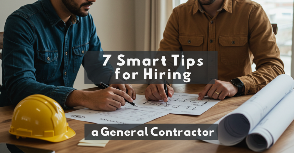 Homeowner hiring a general contractor by reviewing plans and estimates.