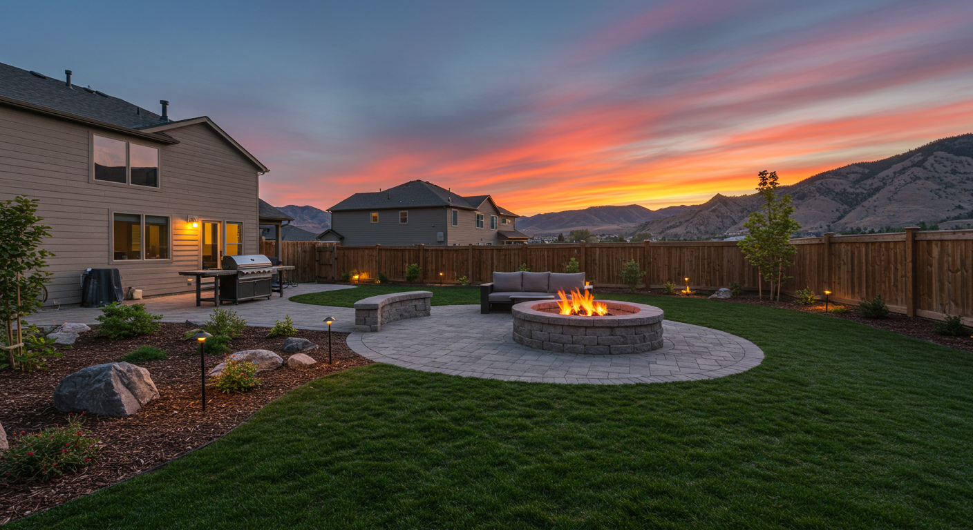 Backyard home remodel in Twin Falls featuring new patio, landscaping, and garden lighting.