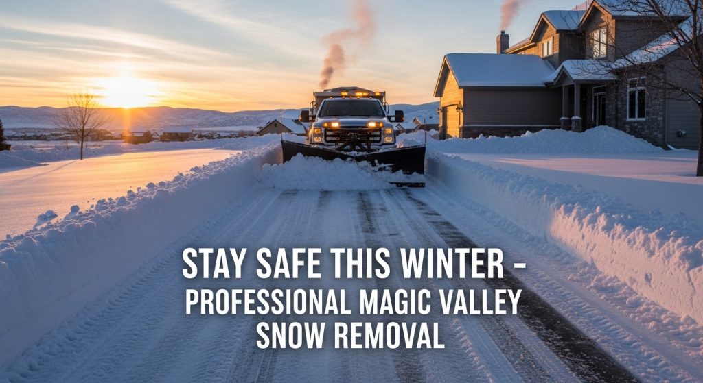 Professional Magic Valley snow removal team clearing a Twin Falls driveway after heavy snowfall.
