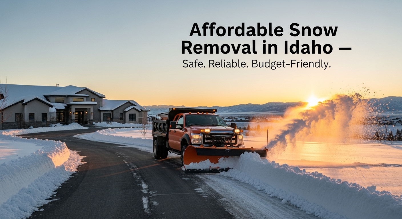 Professional snow plow truck clearing an Idaho driveway during winter, promoting affordable snow removal in Idaho services.
