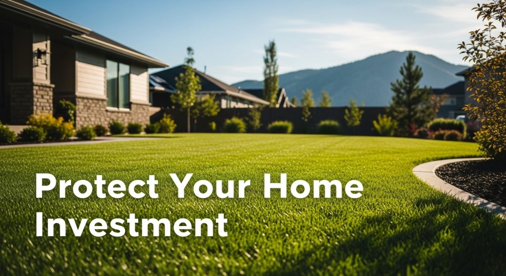 Lawn care in Idaho home with green grass and clear sky showing how professional maintenance protects property value