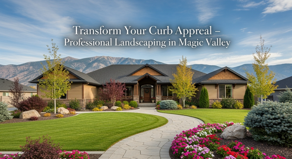 Stunning front yard after professional landscaping in Magic Valley showing clean lines, lush grass, and stone paths.